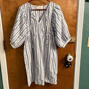 Blue and White Stripe Babydoll Puff Sleeve Cotton Short/Mini Dress Pockets S